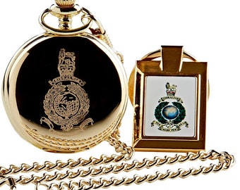 Royal Marines gravierte 24 Karat Gold plattierte Taschenuhr und Gold Keychain Schlüsselring in Holz Fall Marine Luxus Geschenke militärische Korps gesetzt