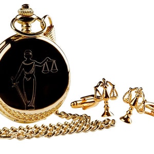 Law Gold Pocket Watch and Legal Cufflinks Personalised  Gift Set Custom Wooden Gift Case Box Lawyer Judge Court Police  Law Enforcer Gifts
