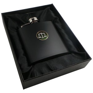 Law Scales of Justice Hip Flask Legal Crest Matte Black over Steel Engraved Emblem Luxury Gifts for Solicitor Lawyer Police Gold Engraving