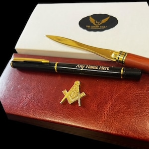 Personalised Masonic Pen Letter Opener Engraved Pen Luxury 24k Gold Coated Freemasons Set in Gift Case Custom made Freemason  Desk Top Set