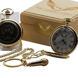 John Lennon Signed  Gold Pocket Watch Custom Engraved Back and Golen Microphone Keychain Wooden Gift Case Case  LuxuryGifts  Set