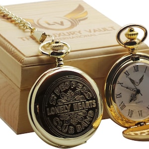 The Beatles Gold Pocket Watch Sgt/ Pepper Custom Engraved Back  Wooden Gift Case Case Beatles memorabilia Free engraving music Beatles Gifts