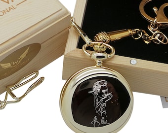 Johnny Cash Signed Custom Engraved 24 Carat Gold Coated Pocket Watch and Microphone Keychain  Wooden Gift Case Box Free Engraving on back