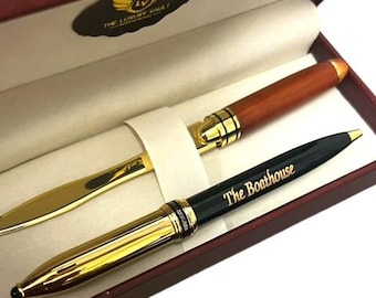Bolígrafo y abrecartas personalizados Bolígrafo dorado grabado Lujoso juego de bolígrafos recubiertos de oro de 24 k en estuche de regalo Hecho a medida con diseño griego
