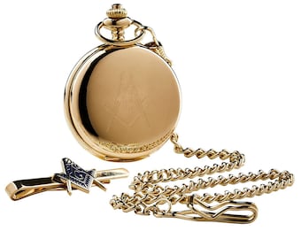 Masonic Gold Tie Clip and Freemasons Pocket Watch  Luxurious 24 Carat Gold Plated Gift Set  Full Hunter with Chain Wooden Gift Case Set