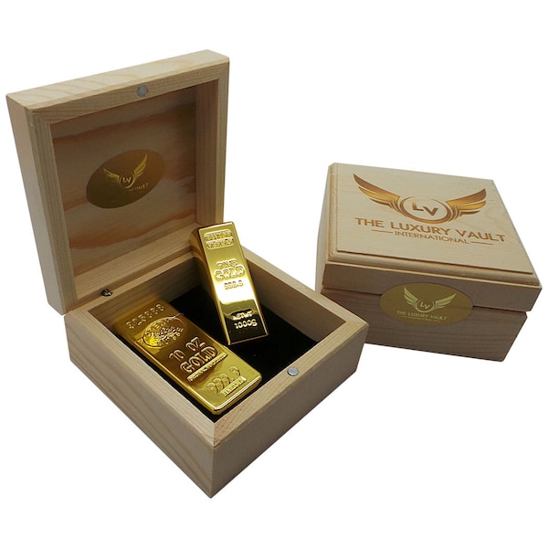 Gold Bar Bullion Lighter and USB Flash Drive Memory Stick in Luxury Wooden Gift Box Smokers Computer Smoking Gadgets Gift Set