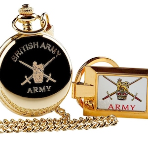 British Army Pocket Watch Engraved 24 Carat Gold Clad and Gold Keychain Keyring in Wooden Gift Case Luxury Gifts Military Set Personalised