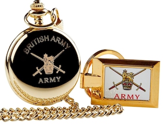 British Army Pocket Watch Engraved 24 Carat Gold Clad and Gold Keychain Keyring in Wooden Gift Case Luxury Gifts Military Set Personalised