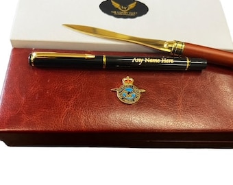 Personalised RAF Pen and Letter Opener Engraved Pen Luxury 24k Gold Coated  Set in Gift Case Custom made Royal Air Force Desk Top Set