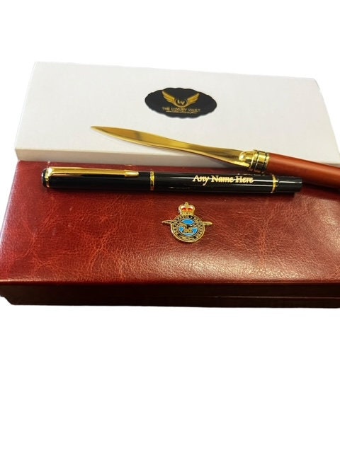 RAF Pen und Brieföffner Personalisierter RAF Pen und Brieföffner gravierter Pen Luxus 24k Gold Beschichtetes Set in Geschenketui Kundenspezifisches Royal Air Force Schreibtisch Top Set