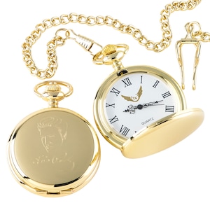 Elvis Presley signierte gravierte 24 Karat vergoldete Taschenuhr mit graviertem Autogramm in hölzerner Geschenkbox