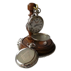 Freemasons Luxurious Silver Plated Gift Set  Full Hunter Masonic Pocket Watch and  Luxury Wooden Pocket Watch Display Stand Holder and case