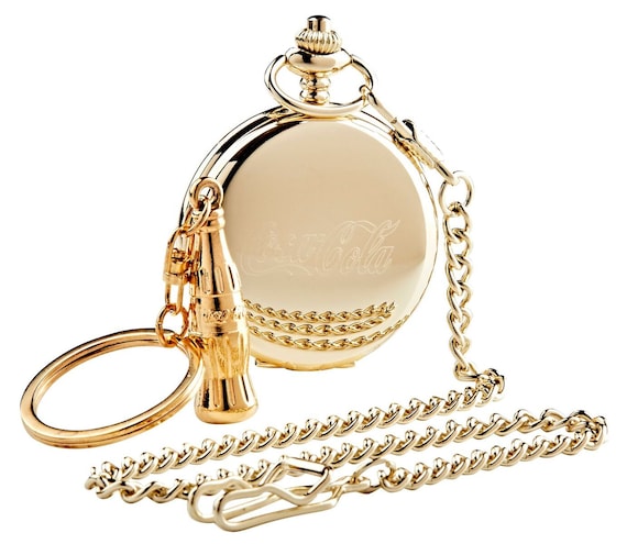 Coca Cola Custom Engraved 24 Carat Gold Clad Pocket Watch and Gold Bottle Keychain Coke Keyring Key Fob in Wooden Gift Case Luxury Gift Set Etsy