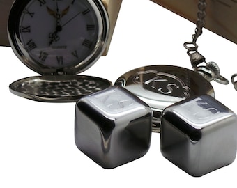 FREE CUSTOM ENGRAVING  Silver Pocket Watch and Stainless Monogram Ice Cubes in Wooden Box Luxury Gift Set Personalized Personalised Initials