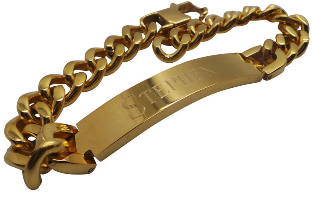 Personalised Gold ID Bracelet Identity Flat Curb Chain Gift Etsy