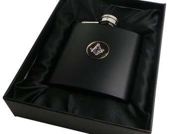 Masonic Hip Flask Freemasons Matte Black over Steel Engraved Emblem Luxury Gifts for Freemasons Gold Engraving to Plaque s for Masons