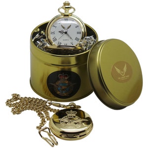 RAF Gold Pocket Watch with Chain in Metal Royal Air Force Gift Case Crest Badge Engraved Personalised Military Gifts Passing Out Leaving