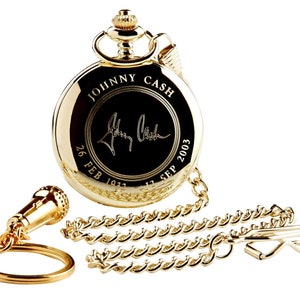 Johnny Cash Signed Custom Engraved 24 Carat Gold Coated Pocket Watch and Microphone Keychain  Wooden Gift Case Box Free Engraving on back