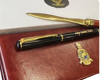 Bolígrafo y abrecartas personalizados de los Royal Marines. Bolígrafo grabado. Lujoso juego recubierto de oro de 24 k en estuche de regalo. Hecho a medida. Royal Navy