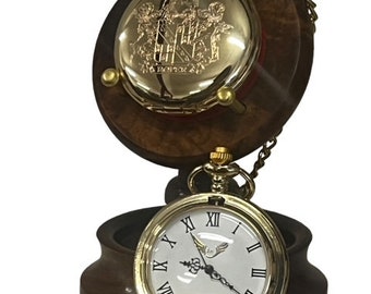 Family Crest Pocket Watch Gold  Coat of arms and Wooden Pocket Watch Stand Display Holder Set Heraldry History Names Luxury Collection