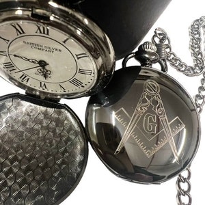 Masonic Pocket Watch Black  Full Hunter Freemason with Chain in Gift Case Lodge Gifts for Masons Freemasons Personalised Engraved Masons