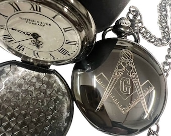 Masonic Pocket Watch Black  Full Hunter Freemason with Chain in Gift Case Lodge Gifts for Masons Freemasons Personalised Engraved Masons