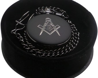 Masonic Freemasons Pocket Watch Matte Black Luxurious Full Hunter Freemason with Chain in Gift Case Lodge  Gifts for Masons Lodge Masons