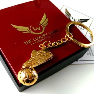 24 Carat Gold Coated Football Boot and Football Keychain Soccer Keyring luxury Gift for Players and Fans Gold Sports Key Fob on Gift Case