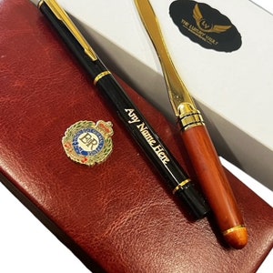 Juego de bolígrafo y abrecartas de Royal Engineers personalizado, bolígrafo grabado de lujo recubierto de oro de 24 k en estuche de regalo, juego de escritorio hecho a medida