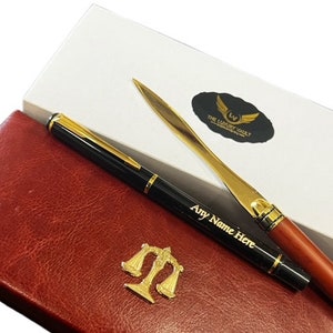 Bolígrafo y abrecartas LAW personalizados. Bolígrafo grabado de lujo recubierto de oro de 24k en estuche de regalo. Abogado, procurador, graduación legal.