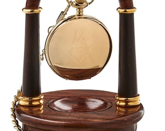 Freemasons Luxurious Real Pure Gold Plated Gift Set  Full Hunter Masonic Pocket Watch and  Luxury Wooden Pocket Watch Display Stand Holder