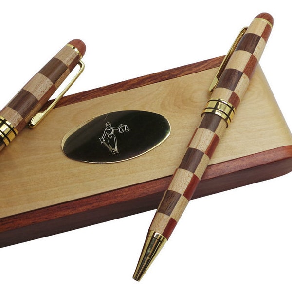 Law Symbol Wooden Pen in wood Case and 2 Pens Double Set Luxury Legal Scales of Justive Gifts for Solicitor Lawyer Police Court Judge CID