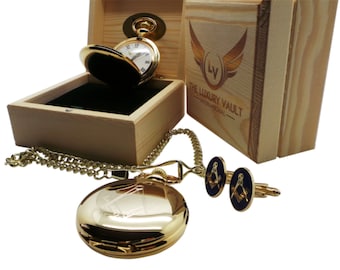 Masonic Gold Cufflinks and Freemasons Pocket Watch  Luxurious 24 Carat Gold Plated Gift Set  Full Hunter
