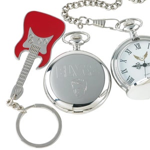 Elvis Presley Signed Guitar Keyring and Silver Plated Pocket Watch Full Hunter Personalised Engraved Autograph Keychain  Chain Wooden Box