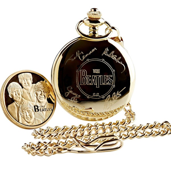 Signed Beatles Gold Pocket Watch and Coin Custom Engraved Wooden Gift Case Beatles memorabilia Free engraving music The Beatles Gifts