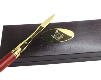 Personalisierter Freimaurer Freimaurer Brieföffner Luxus 24k Gold Beschichtet in Geschenketui und Zertifikat Freimaurer Individuell gravierter Holzgriff