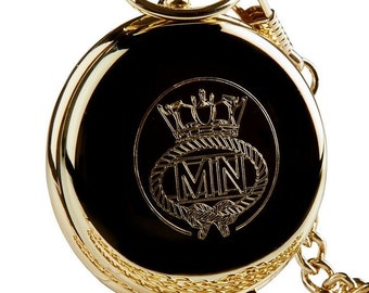 Personalised Merchant Navy Engraved 24 Carat Gold Clad Pocket Watch in Wooden Gift Case Navy Luxury Gifts Military Naval Custom Engraving