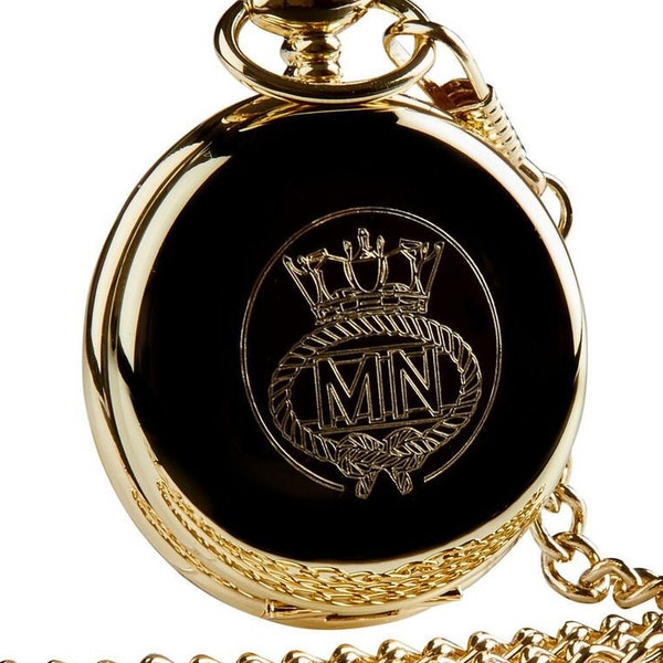 Personnalisé Merchant Navy Gravé 24 Carat Gold Clad Pocket Watch in Wooden Gift Case Navy Luxury Gifts Military Naval Custom Gravure