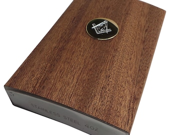 Masonic Hip Flask Freemasons Wood over Steel Engraved Emblem Luxury Gifts for Freemasons Gold Engraving to Plaque s for Masons Worldwide
