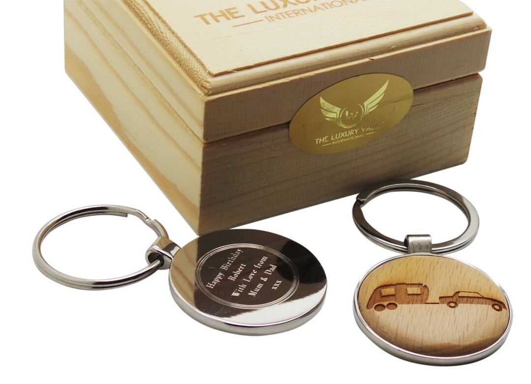 Caravan Personalised Wooden Keychain Keyring in Wood Gift Box Metal ...