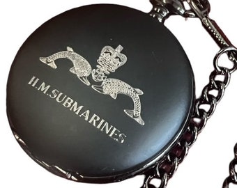 Royal Navy Submariner Pocket Watch Black and Chain and Metal Gift Case and FREE Engraved personalised custom engraving Passing Out Promotion