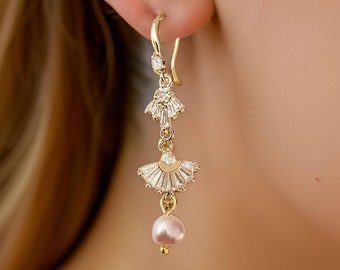 Gold Plated Art Deco Earrings, Blush Pink Pearl Dangle, Gatsby Bridal Jewelry