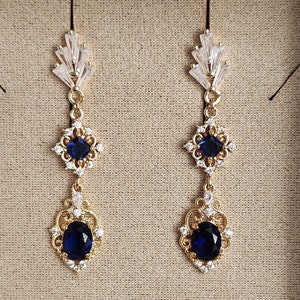 Marineblaue Art deco Ohrringe und Halskette, Sapphire Brautschmuck Set, 1920er Schmuck, Jugendstil, Gatsby, Elegante zierliche, Tropfenanhänger