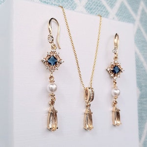Gold Gatsby Ohrhänger und Halskette Set, Kristall Jugendstil 1920er Diamant Tropfen, Navy Blau Art Deco Ohrringe, Brautschmuck Set