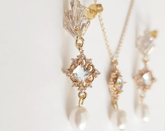 18k Gold Plated Aquamarine Art Deco Earrings, Freshwater Pearl