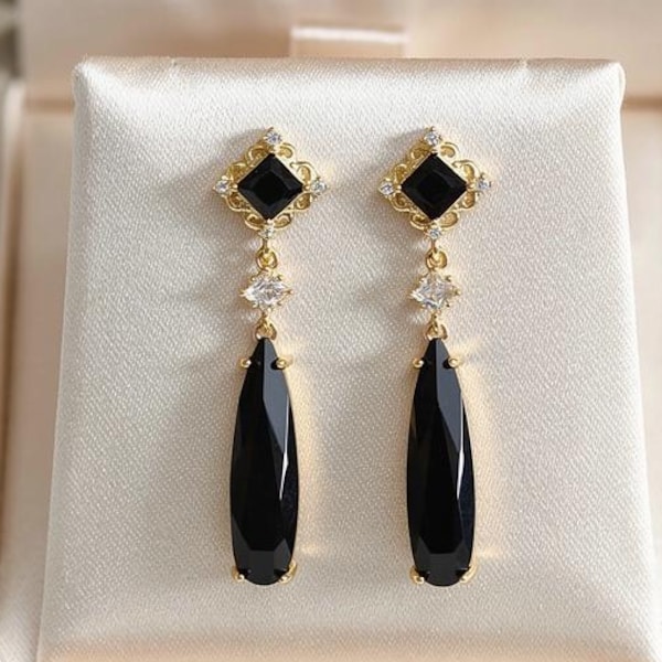 14k Gold Plated Art Deco Earrings, Black Rhinestone Dangle Earrings  black and gold jewelry