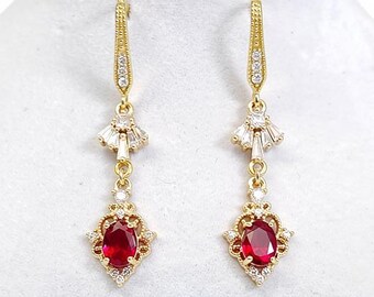 Pendientes Art Déco de circonitas rojas, joyería nupcial en oro champán