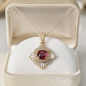 18k Gold Plated Ruby Necklace, Art Deco Rhinestone Statement Necklace