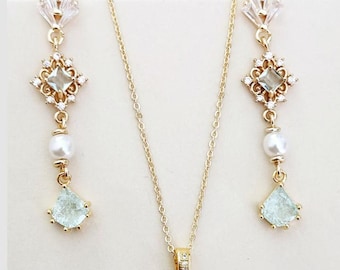 Gold Plated Aquamarine Art Deco Earrings, Rhinestone & Pearl Dangle