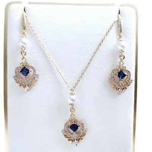 Navy blue heart earrings and necklace, Sapphire Bridal jewelry set, 1920s jewelry, art nouveau, Gatsby, Valentine's Day jewelry set gift